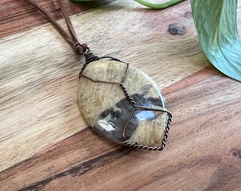 Handmade Copper Wire Wrapped Feldspar Necklace – Vegan Leather Cord