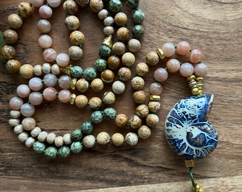 Reiki Peach Moonstone Intention Necklace: 108 Bead Hand-Knotted Meditation Beads
