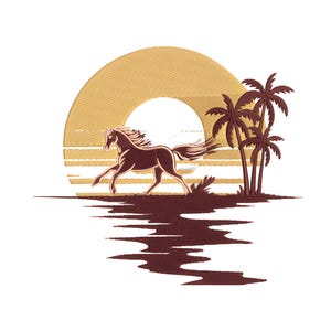 以下が含まれることがあります： 茶色の馬が、ヤシの木と夕日がある濃い茶色の風景を駆け抜けます。太陽は薄茶色で、中央は白です。馬は画像の右側に向かって走っています。