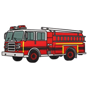 May include: A red and white fire truck with black wheels and a ladder on top. The fire truck has a detailed design with windows, lights, and a front grill. Yellow stripes accent the side of the truck.