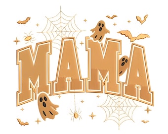 May include: A graphic design featuring the word MAMA in large, tan, block-style letters with a white outline. The design is decorated with tan illustrations of three ghosts, spider webs, small spiders, bats, and four-pointed stars on a white background.