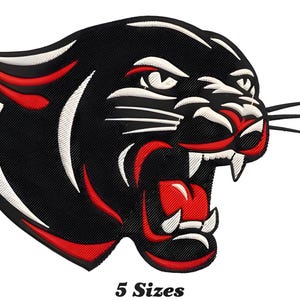 May include: Embroidered patch featuring a snarling panther head in black, red, and white. The panther's mouth is open, revealing sharp teeth and a red tongue. The text "5 Sizes" is at the bottom.