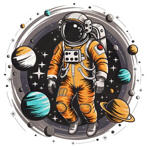 Puede incluir: Ilustración de un astronauta con un traje espacial naranja flotando en el espacio. El astronauta está rodeado de planetas y estrellas, sobre un fondo oscuro con un diseño circular. La obra de arte tiene un estilo de cómic vintage.