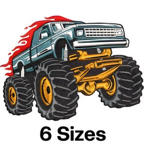 Könnte beinhalten: Gesticktes Design eines Monstertrucks mit großen Reifen und Flammen. Der Truck ist blau und goldfarben, mit roten Flammen. Der Text "6 Sizes" steht unter dem Truck.