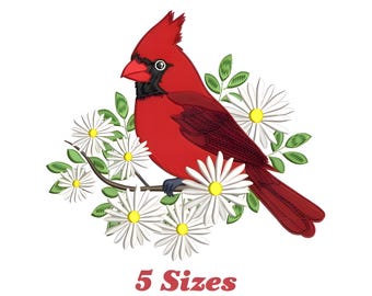 Machine Embroidery Cardinal Design, Red Cardinal Embroidery File, Floral Bird Embroidery Pattern, 5 Sizes Digital Download