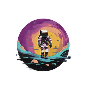 May include: An embroidered patch featuring an astronaut in a spacesuit, walking on a planet. The background is a colorful swirl of purple, orange, and blue. The astronaut is in a black and white spacesuit.