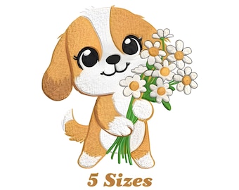 Floral Dog Embroidery Design | Animal Machine Embroidery Pattern | Digital Download Files for Hoop & Tote Bag
