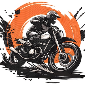 Pode incluir: Ilustração a preto e branco de uma pessoa a andar de mota. O motociclista usa capacete e equipamento de proteção. Um círculo laranja está atrás da mota, com pinceladas pretas e salpicos à volta da imagem.