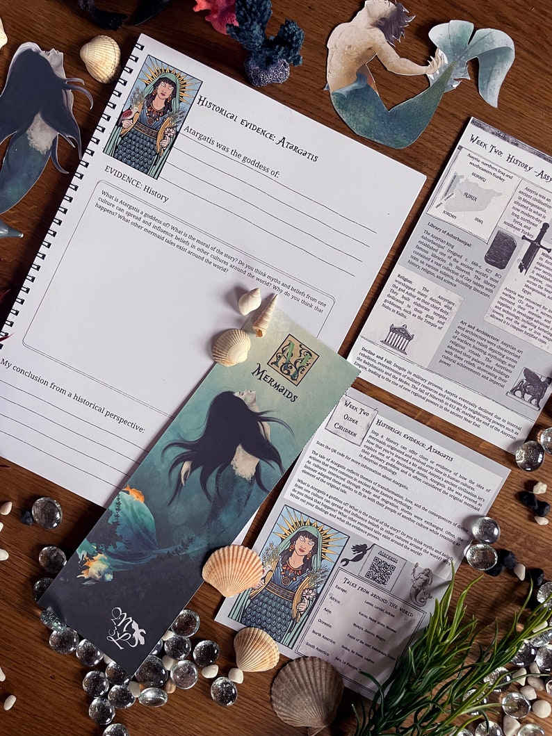 May include: A printable worksheet with the title "Historical Evidence: Atargatis" and a picture of a goddess. The worksheet asks the user to identify what the goddess is the goddess of and to write a conclusion from a historical perspective. The worksheet also includes a section titled "Evidence: History" with questions about the goddess and mermaid tales. The worksheet is part of a larger set of educational materials about mermaids.