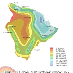 May include: A map of the main island of Hawaii showing the annual precipitation in inches. The map is color-coded with red representing 0-10 inches, orange representing 10-20 inches, yellow representing 20-30 inches, light green representing 30-40 inches, dark green representing 40-60 inches, light blue representing 60-80 inches, medium blue representing 80-120 inches, and dark blue representing 120-160 inches. The map also shows the locations of various towns and cities on the island, including Hilo, Kona, and Kailua-Kona.