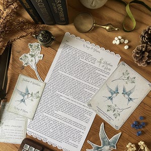 Pode incluir: Uma coleção de artigos de papelaria e decoração em estilo vintage dispostos sobre uma superfície de madeira. Inclui livros, postais com ilustrações de andorinhas, uma lupa e uma paleta de aquarela. O texto "Wing & Thorn" é visível.