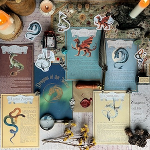 Puede incluir: Una colección de tarjetas ilustradas coloridas con criaturas míticas, incluyendo un dragón, una serpiente y una criatura marina mítica. Las tarjetas tienen títulos como "Y Ddraig Goch", "Bakunawa", "Rainbow Serpent" y "Quetzalcoatl".