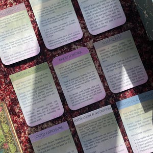 May include: A set of colorful cards with tips for improving mental and physical well-being. Each card features a different topic, such as nature & social, breath work, sleep & rest, cold exposure, hydration & nutrition, gratitude & positivity, and mind & body.