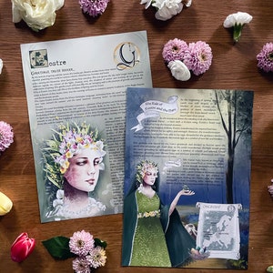 Pode incluir: Uma ilustração verde e dourada de uma deusa segurando um pássaro na mão. A deusa está vestindo um vestido verde e uma coroa de flores. A ilustração é cercada por texto sobre a deusa Ostara e a história de Ostara e a Lebre. O texto inclui um mapa da Europa.