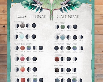 May include: A teal green and white illustrated 2025 lunar calendar for the Southern Hemisphere. The calendar features a large green and white moth with a crescent moon in the background. The calendar shows the phases of the moon for each month, with names for each full moon.
