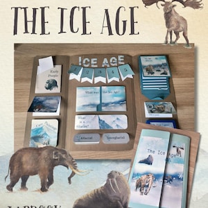 Könnte beinhalten: Ein handgefertigtes "The Ice Age" Lapbook mit Illustrationen prähistorischer Tiere, darunter ein Mammut und ein Walross. Das Lapbook enthält Informationskarten und den Text "Early People", "Cave Paintings" und "Glacial". Der Titel "The Ice Age" ist deutlich sichtbar.
