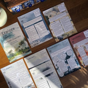 May include: A set of ten educational posters about natural disasters, including floods, tsunamis, hurricanes, tornadoes, volcanic eruptions, earthquakes, and wildfires. Each poster features a watercolor illustration and text about the causes, impacts, and preparedness for each disaster.