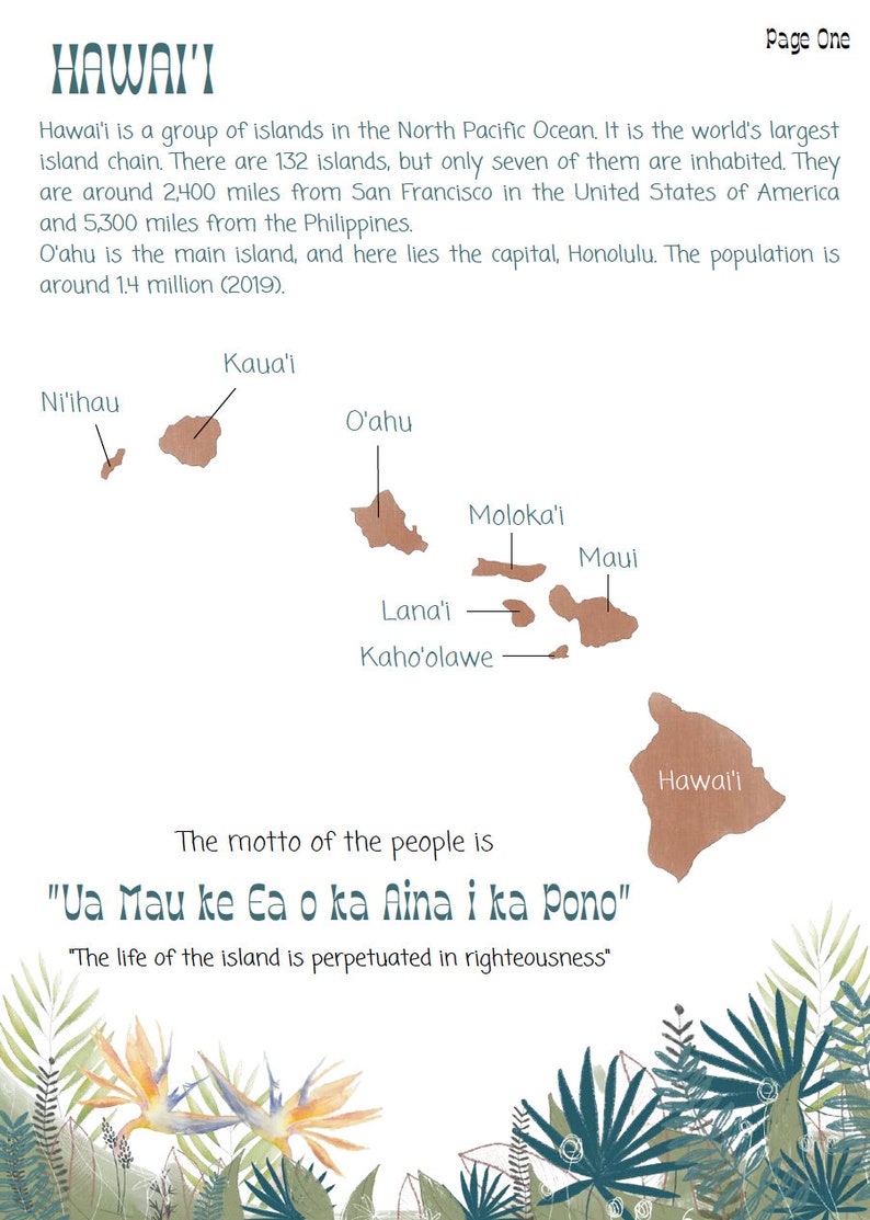 May include: A map of the Hawaiian islands with the names of each island labeled. The motto of the people is "Ua Mau ke Ea o ka Aina i ka Pono" which means "The life of the island is perpetuated in righteousness".