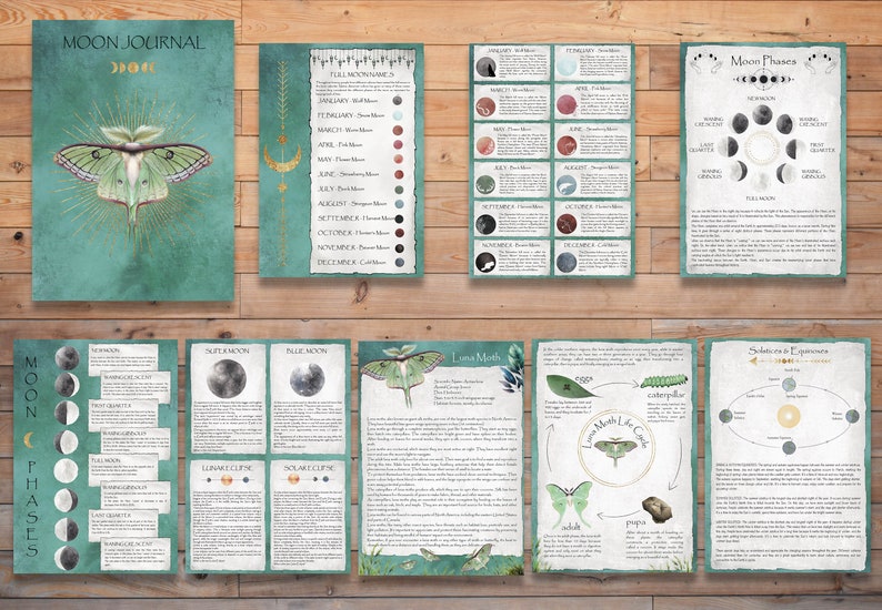 Pu&ograve; includere: Un set di grafici di fase lunare stampabili con uno schema di colori verde e oro. I grafici includono informazioni sui nomi delle lune piene, le eclissi lunari e il ciclo di vita di una falena luna.