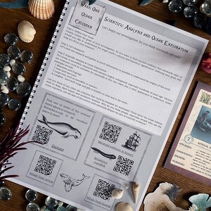 May include: A worksheet for older children about ocean exploration and scientific analysis. The worksheet includes a QR code for a website about dugongs, a QR code for a website about mermaid sightings in history, and a QR code for a website about whale song sounds. The worksheet also includes a picture of a dugong, a picture of a lungfish, and a picture of a whale.