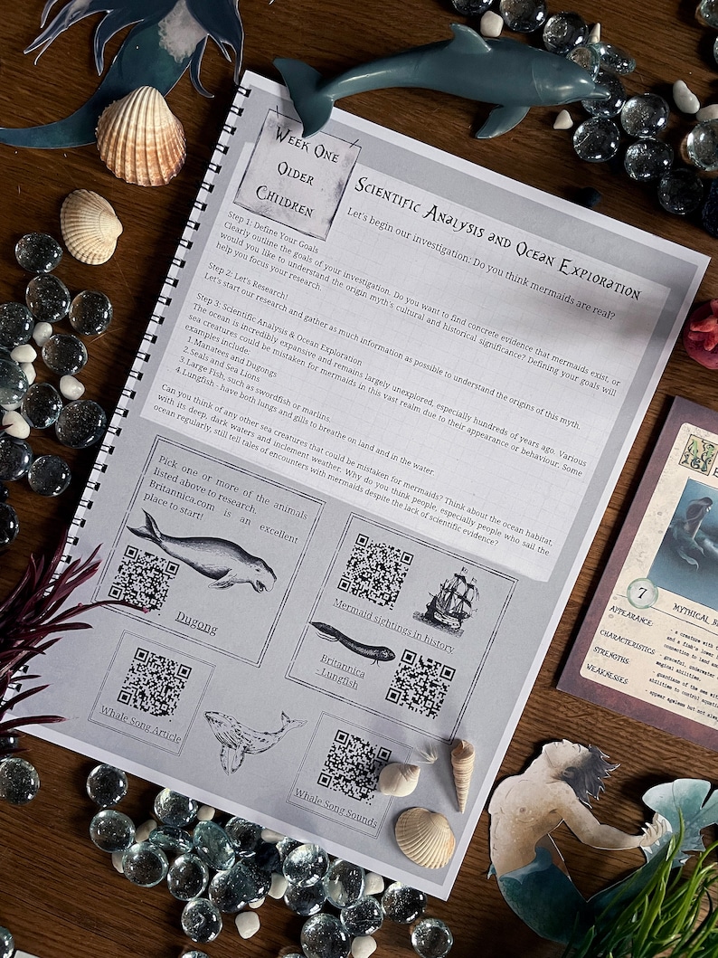 May include: A worksheet for older children about ocean exploration and scientific analysis. The worksheet includes a QR code for a website about dugongs, a QR code for a website about mermaid sightings in history, and a QR code for a website about whale song sounds. The worksheet also includes a picture of a dugong, a picture of a lungfish, and a picture of a whale.
