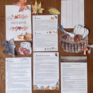 May include: A set of printable educational resources for learning about autumn. The set includes information about harvest, canning, bird migration, animals in autumn, weather and light, and a daylight tracker. The resources feature watercolor illustrations of fall leaves, pumpkins, and other autumnal elements.