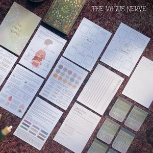 May include: A set of printable worksheets and journal pages focused on the vagus nerve. The worksheets include a diagram of the vagus nerve, a habit tracker, a gratitude journal, and a "My Worries" worksheet. The worksheets are printed on white paper with black ink.