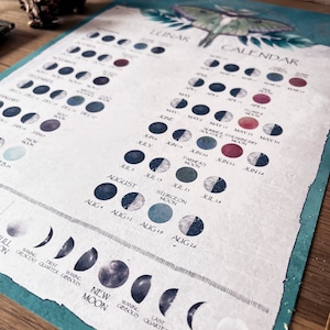 Pu&ograve; includere: Un calendario lunare con uno sfondo blu e verde che presenta un'illustrazione di una falena. Il calendario mostra le fasi lunari per ogni mese dell'anno, con i nomi delle lune piene elencati.