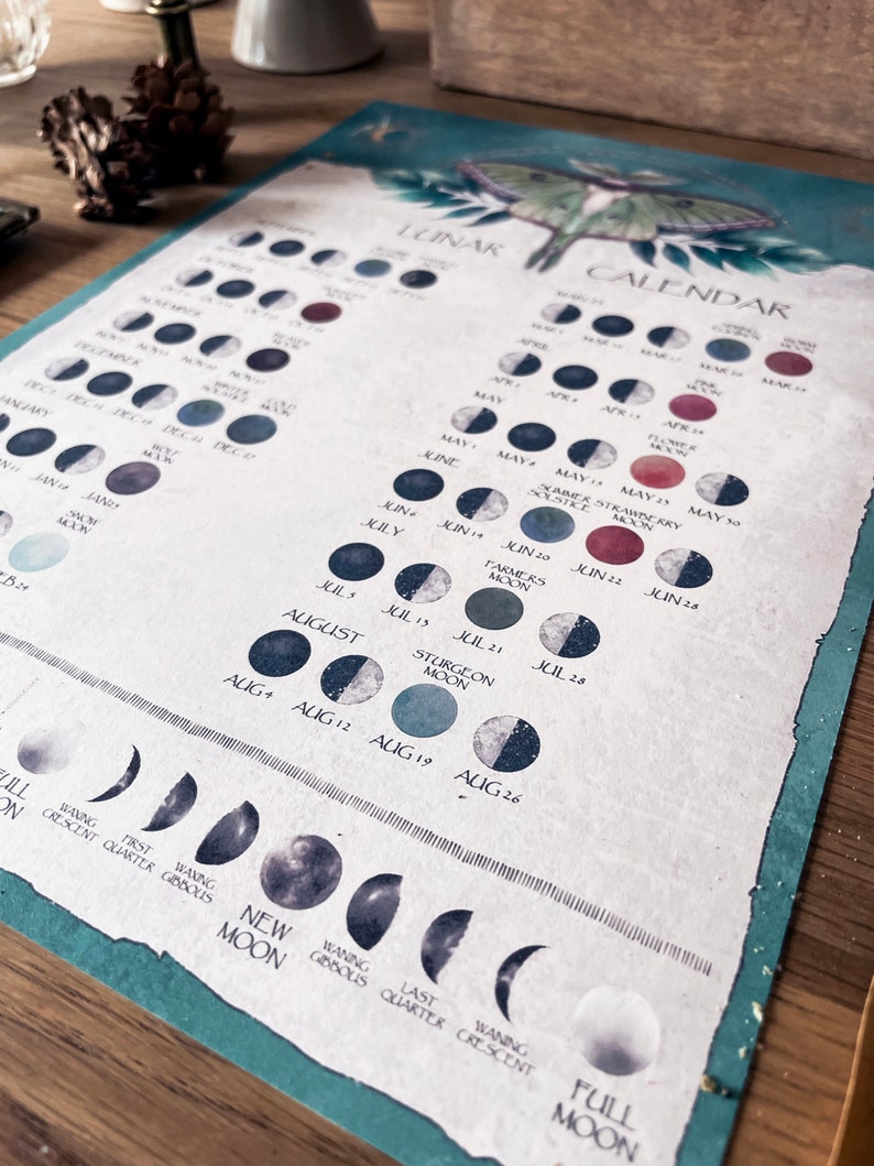 Pu&ograve; includere: Un calendario lunare con uno sfondo blu e verde che presenta un'illustrazione di una falena. Il calendario mostra le fasi lunari per ogni mese dell'anno, con i nomi delle lune piene elencati.