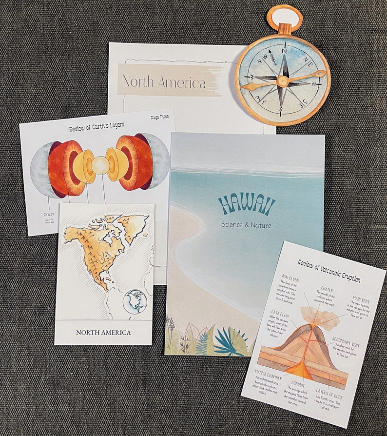 May include: A set of educational flashcards about North America and Hawaii. The cards feature illustrations of the Earth's layers, a map of North America, and a diagram of a volcano. The text on the cards includes "North America", "Hawaii", "Science & Nature", "Review of Earth's Layers", "Crust", and "Review of Volcanic Eruption".