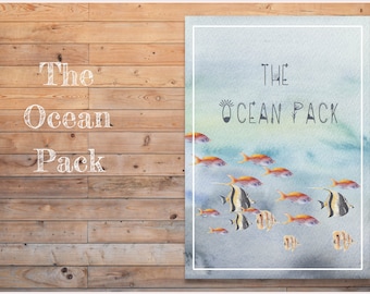 May include: A watercolor illustration of a school of fish swimming in the ocean. The text "THE OCEAN PACK" is written in a stylized font at the top of the image.