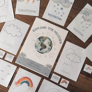 May include: A set of printable flashcards for teaching children about weather. The cards feature illustrations of sunny, cloudy, rainy, snowy, lightning, and rainbow weather conditions. The cards also include the words "Explore: The Weather" and "Topic Eighteen: Lessons and Activities".