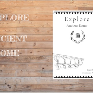 May include: A black and white illustration of an ancient Roman aqueduct with the text "Explore Ancient Rome Topic Nineteen Lessons and Activities" on a white background.