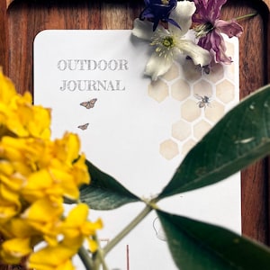 Op de afbeelding: Een wit dagboek met de tekst "OUTDOOR JOURNAL" gedrukt op de voorkant. Het dagboek is versierd met een aquarel-illustratie van een honingraat met bijen en vlinders.