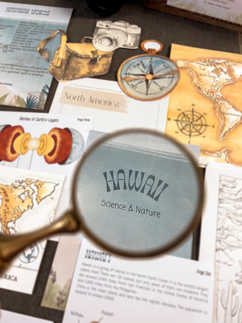 May include: A magnifying glass is over a blue card with the word "HAWAII" in a white, stylized font. The text "Science & Nature" is below the word "HAWAII".