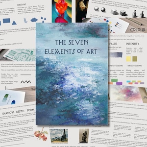 May include: A rectangular educational poster titled THE SEVEN ELEMENTS OF ART featuring a central blue and teal abstract painting. The surrounding white background contains printed text and small illustrative examples explaining art concepts like line, shape, and color.