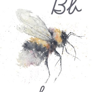 Może przedstawiać: Aquarela przedstawiająca pszczołę z napisem "B" i "bee" napisanym poniżej.