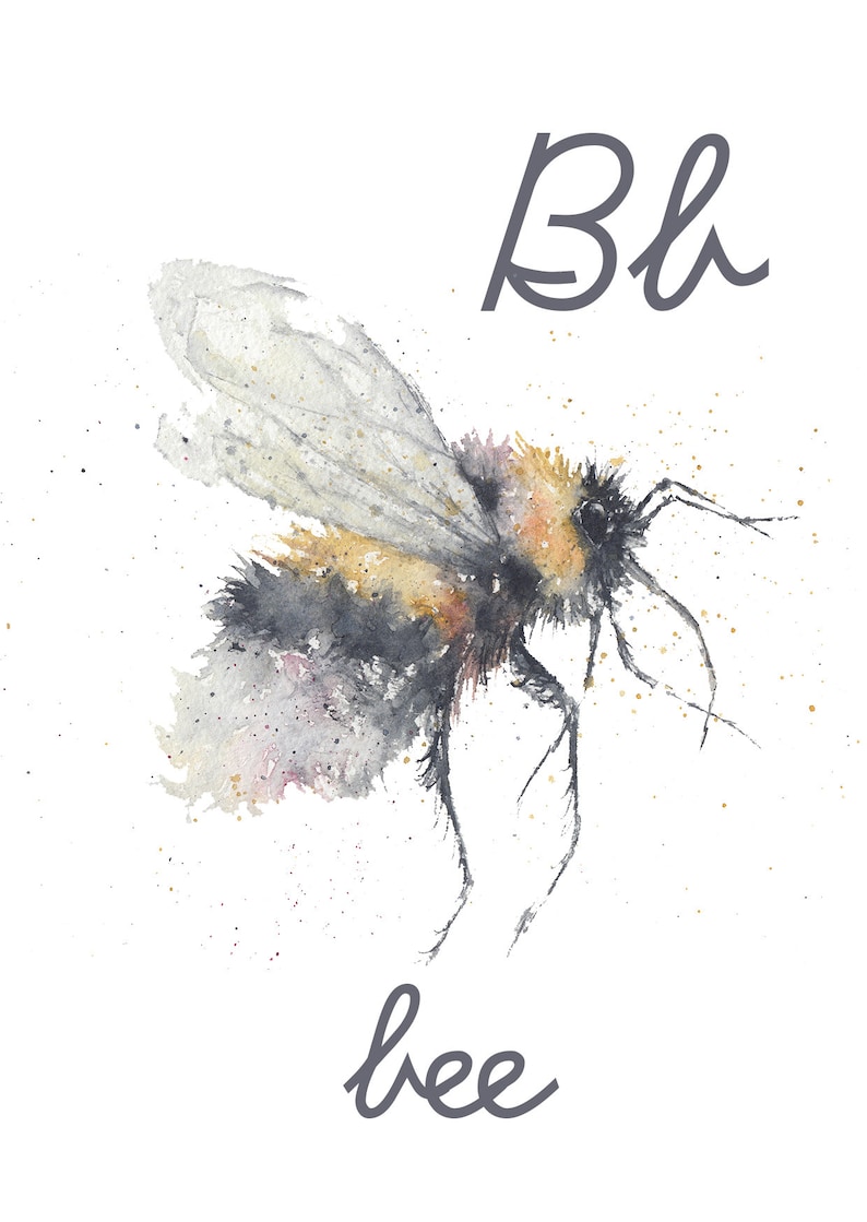 Może przedstawiać: Aquarela przedstawiająca pszczołę z napisem "B" i "bee" napisanym poniżej.