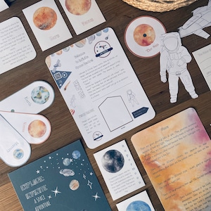 Peut inclure: Un ensemble de cartes imprimables colorées représentant des planètes, des étoiles et un vaisseau spatial. Les cartes sont conçues pour une activité éducative sur le thème de l'espace. Le texte sur les cartes comprend "Explorer : L'infini Une aventure spatiale", "Bienvenue dans l'espace infini", "La Voie lactée", "Votre badge", "Les étoiles", "Super Lune", "Neptune", "Le Soleil", "Mars", "Vénus" et "Terre".