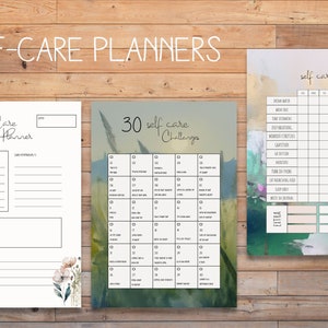 May include: Three printable self-care planner pages with watercolour backgrounds. The first page is a self-care tracker with a floral design. The second page is a 30 self-care challenges grid. The third page is a self-care checklist with a green and blue watercolour background.
