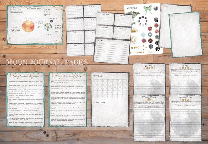 Pu&ograve; includere: Pagine di diario lunare stampabili con uno schema di colori verde acqua e oro. Le pagine includono sezioni per tracciare le fasi lunari, note lunari e un registro lunare. Ci sono anche pagine per celebrare i solstizi estivi e invernali.