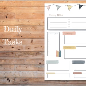 May include: A printable daily tasks checklist with sections for reading log, literacy, and numeracy. The checklist is decorated with colorful flags and a light brown woodgrain background.
