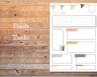 May include: A printable daily tasks checklist with sections for reading log, literacy, and numeracy. The checklist is decorated with colorful flags and a light brown woodgrain background.