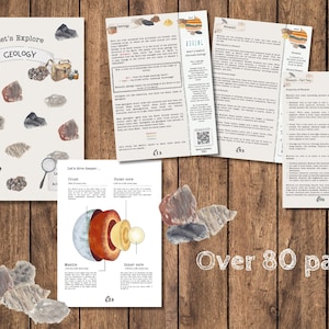 Könnte beinhalten: Ein Satz druckbarer Bildungsressourcen zum Lernen über Geologie. Das Set enthält eine farbenfrohe Illustration der Erdschichten, eine Gesteinsbestimmungstabelle und mehrere Seiten Text über verschiedene geologische Themen. Der Text enthält die Wörter "Let's Explore Geology" und "Over 80 pages".