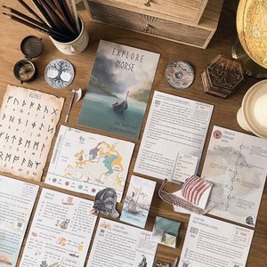 May include: A set of educational materials for learning about Norse history and culture. The set includes a map of Scandinavia, a timeline of significant events, a guide to Norse runes, and illustrations of Viking ships and warriors.