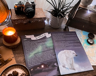 May include: A travel journal page with text about Svalbard, a group of islands in Norway, featuring a picture of a polar bear in the snow. The text mentions the northern lights, the midnight sun, and the unique wildlife of the area.