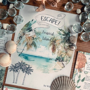 May include: A printable escape room game with a tropical island theme. The game includes instructions for building a fire, gathering materials, and creating a shelter. The game is illustrated with a watercolor painting of a tropical island with palm trees, a beach, and a turquoise ocean.