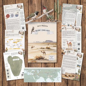 Puede incluir: Un folleto de actividades educativas imprimible sobre los desiertos, con un mapa colorido, ilustraciones de animales y plantas, y una escena de caravana en el desierto. El folleto incluye lecciones y actividades para aprender sobre los desiertos.