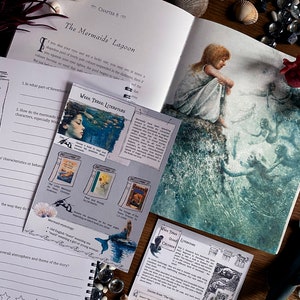May include: A close-up of a book titled "The Mermaids' Lagoon" with a worksheet for a literature class. The worksheet includes questions about the book and a section on mermaid mythology. The book is open to a page with an illustration of a mermaid.