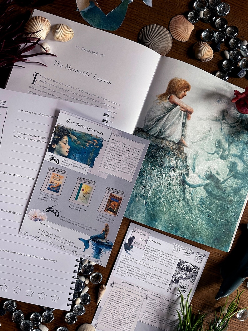 May include: A close-up of a book titled "The Mermaids' Lagoon" with a worksheet for a literature class. The worksheet includes questions about the book and a section on mermaid mythology. The book is open to a page with an illustration of a mermaid.